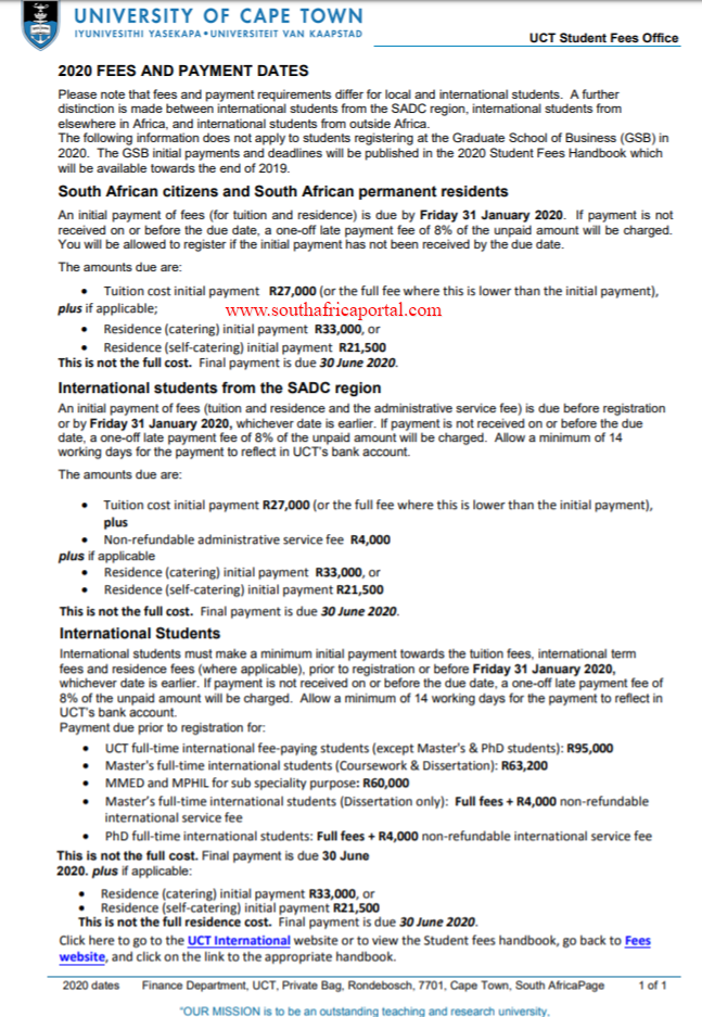 University of Cape Town (UCT) Tuition & Fees Structure 2020-2021