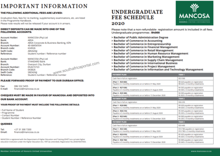 MANCOSA Undergraduate Distance Fees Structure 2022 South Africa Portal