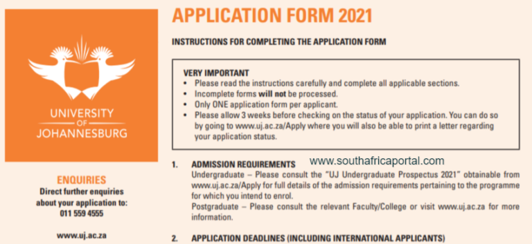 UJ Online Application Form 2021 PDF Download South Africa Portal   UJ Online Application Form 2021 768x353 