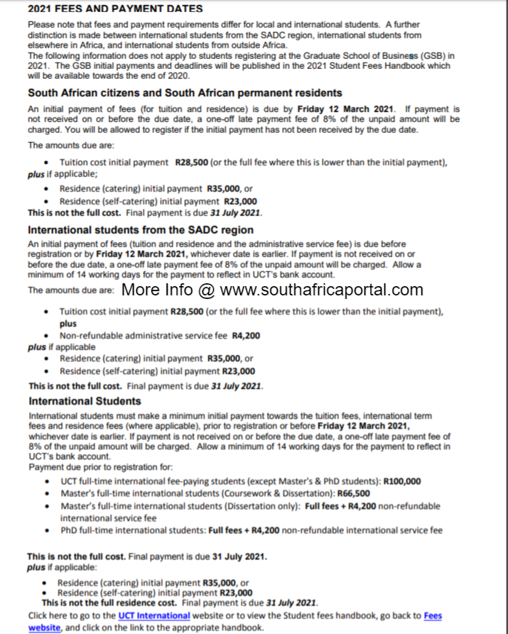 University Of Cape Town UCT Fees Structure 2022 South Africa Portal