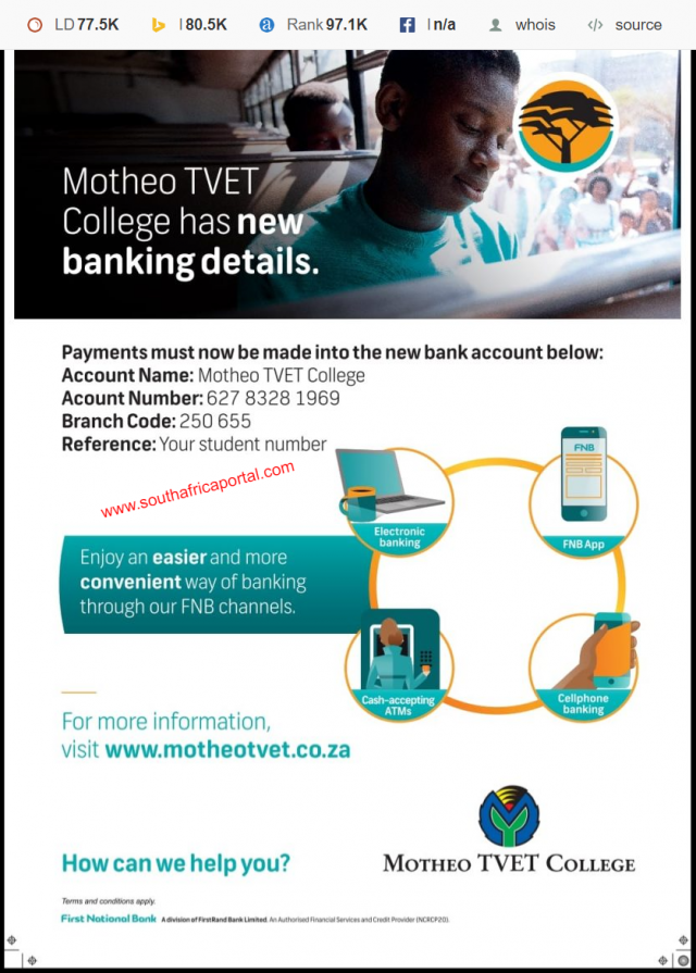 Motheo TVET College Banking Details & Fees 2024/2025 South Africa Portal