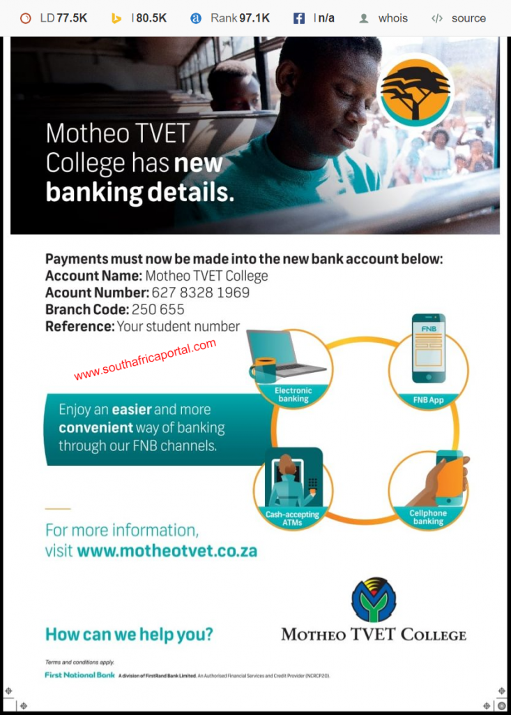 Motheo TVET College Banking Details